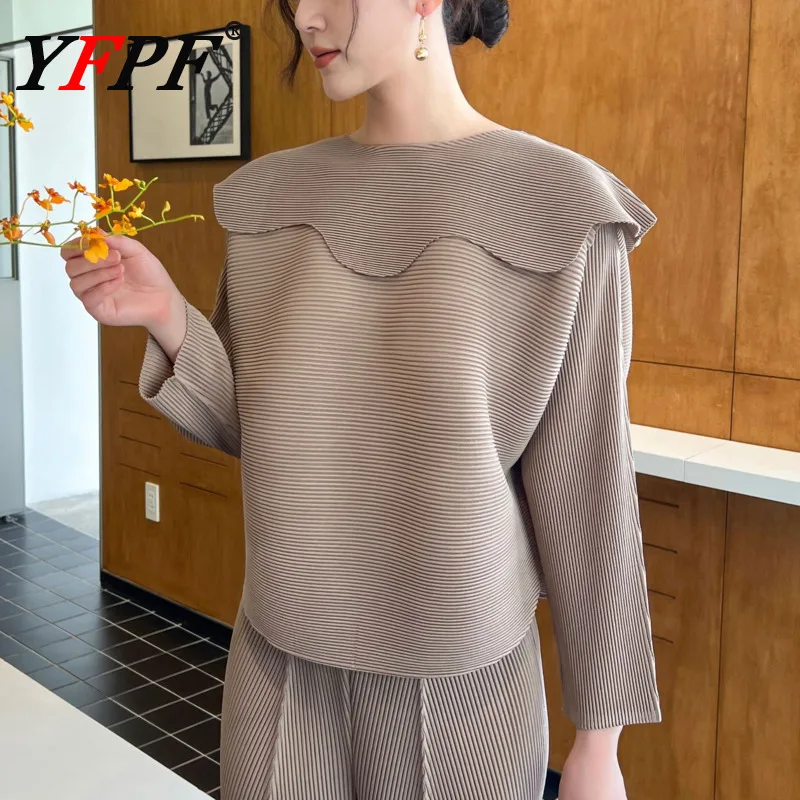 

YFPF Miyake Pleated Women's T-shirt Patchwork Design O Neck Long Sleeve Solid Color Loose Blouse Casual 2025 New Clothing