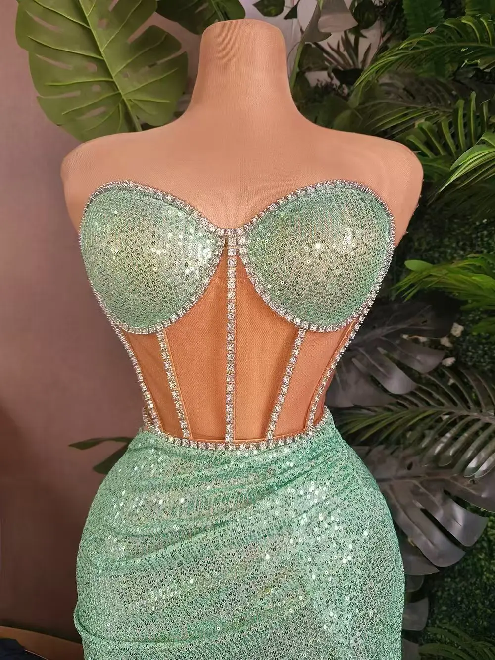 Tangguo Sparkly Rhinestone Fashion Crop Tops Mini Skirt 2Pieces Set Strapless Asymmetrical Long Skirt Sexy Women Party Outfit