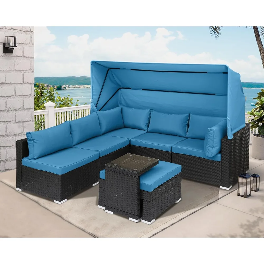 

Rattan Furniture Daybed with Canopy7Pieces Outdoor Day Bed Wicker Sectional Sofa Set Patio Furniture Set with AdjustableBackrest