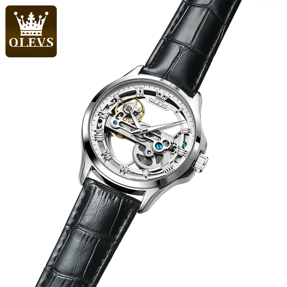 OLEVS 6661 Automatic Watches Transparent Hollow Leather Strap Waterproof Luminous Mechanical Wristwatch for Man Luxury Man Watch