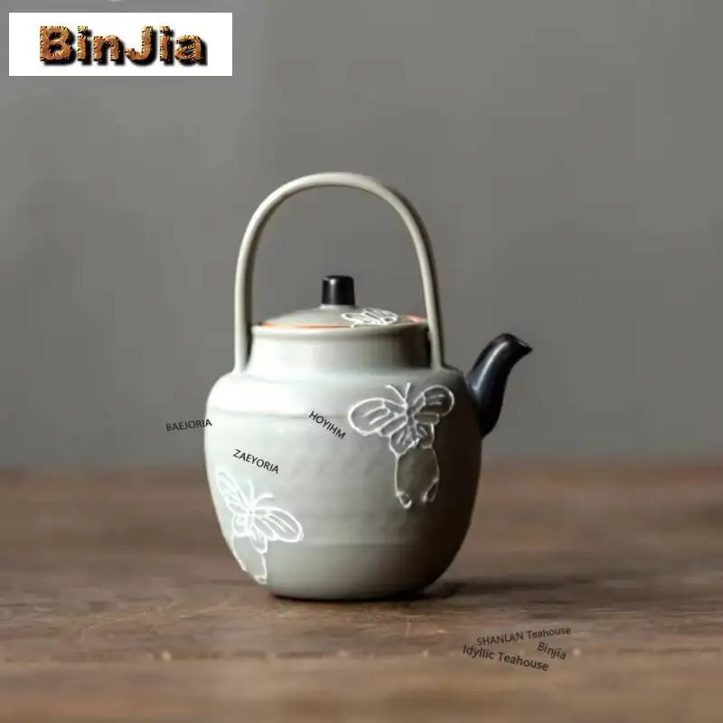 125ml Hand-painted Butterfly Plant Ash Lifting Beam Teapot Retro Tea Infuser Pot Tea Maker Kettle With Ball Hole Drinkware Gift