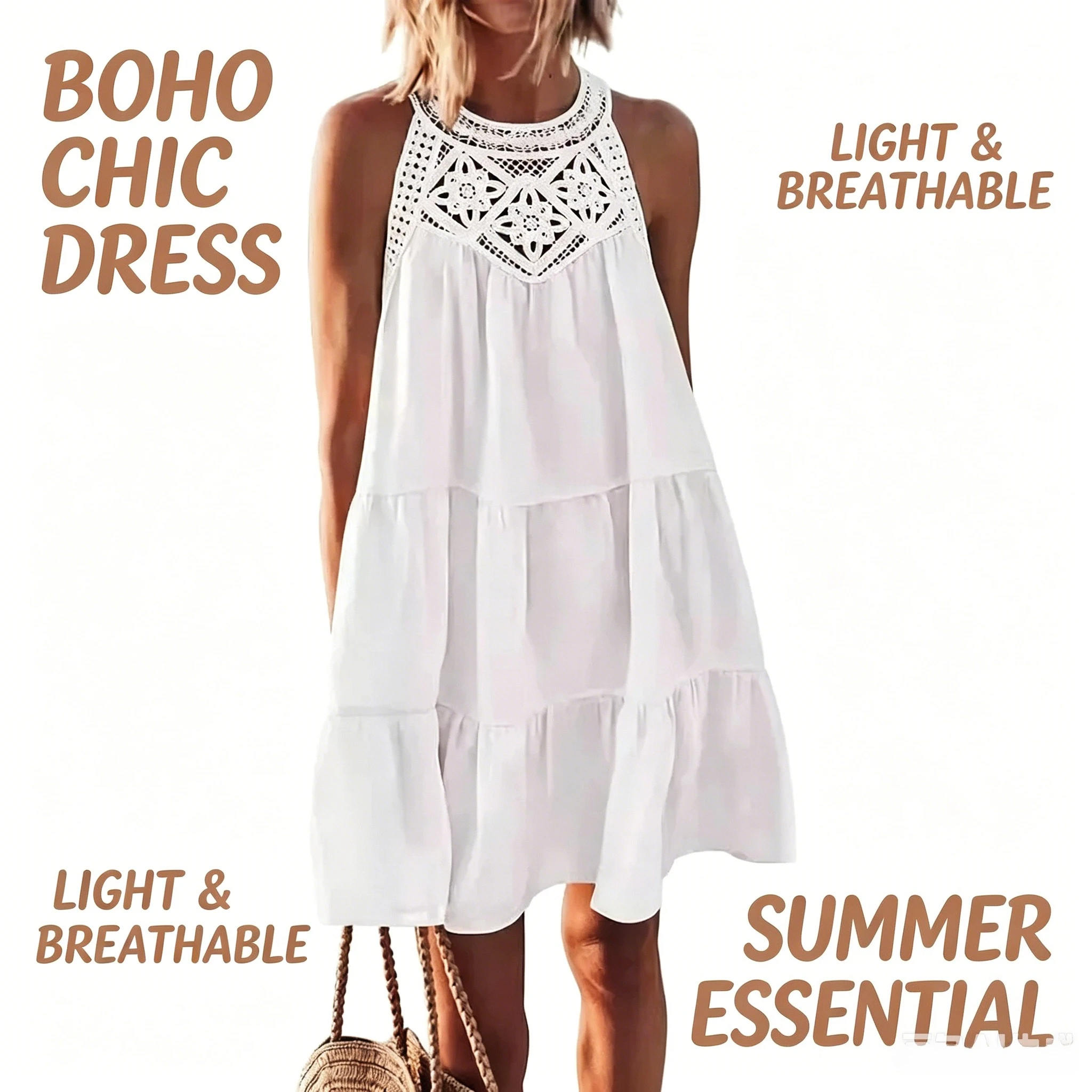 

Women Summer Beach Mini Dresses Halter Sleeveless A-Line Hollow Out Lace White Bohemia Dress Pleated Solid Vintage Vestidos