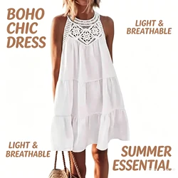 Women Summer Beach Mini Dresses Halter Sleeveless A-Line Hollow Out Lace White Bohemia Dress Pleated Solid Vintage Vestidos