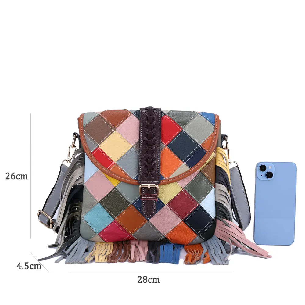 Multicolored Patchwork Sling Bags, Checkered Pattern Ladies Leather Shoulder Bag, Tassels Crossbody Bag for Women