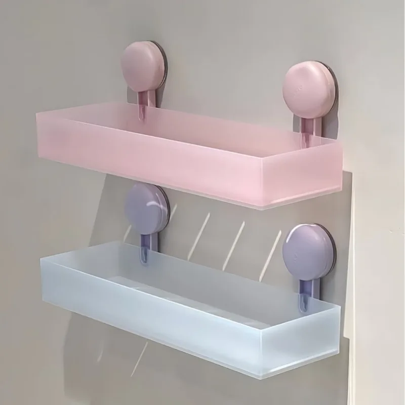 1PCS Storage Shelf  Light Pink  Suction Cup Wall Mount Draining Groove Moistureproof PET Bathroom Toiletry Wall Storage Tray