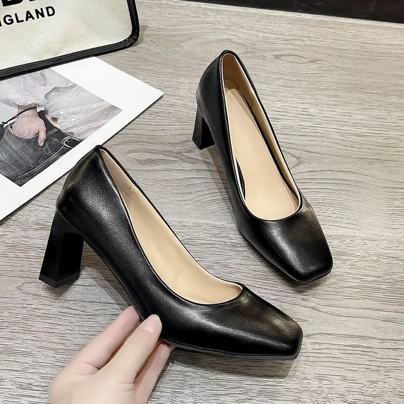 Ladies Summer Footwear on Heeled Shoes for Women 2024 Normal Leather Casual High Heels Square Black Toe Formal Pumps Beau Today