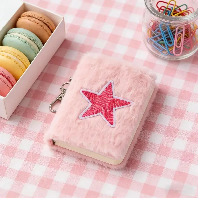 1PC Cute Plush Mini Pocket Notebook with Keychain Cartoon Decor Small Journal Notepad Portable Writing Memo Pad