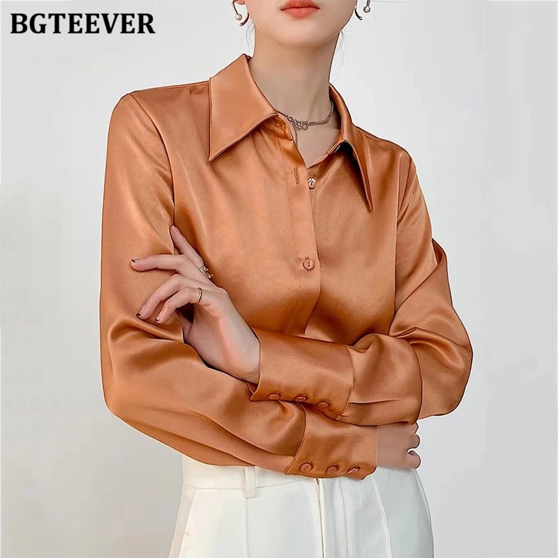 

BGTEEVER Elegant Turn-down Collar Solid Blouses Women Casual Full Sleeve Loose Single-breasted Satin Shirts Female Tops