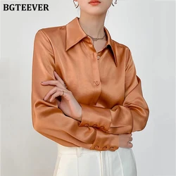 BGTEEVER Elegant Turn-down Collar Solid Blouses Women Casual Full Sleeve Loose Single-breasted Satin Shirts Female Tops