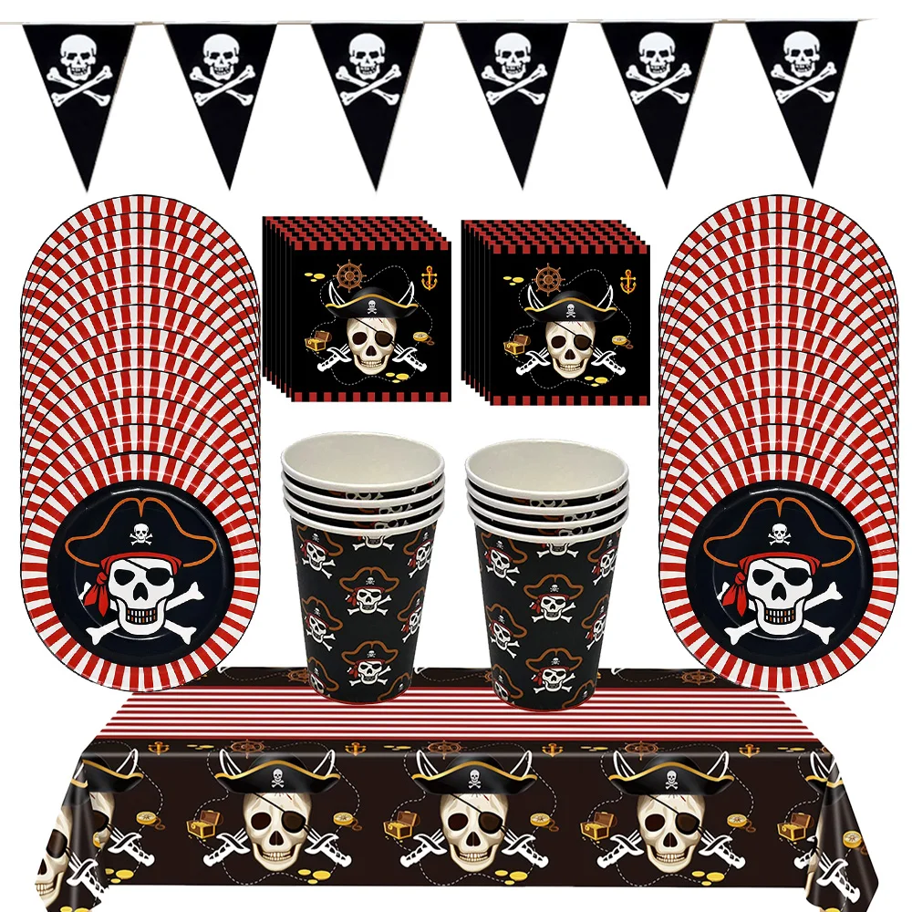 Vajilla desechable de cumpleaños pirata, plato, taza, servilleta, mantel, decoración de pancarta de fiesta pirata, decoración de fiesta de cumpleaños pirata para niños