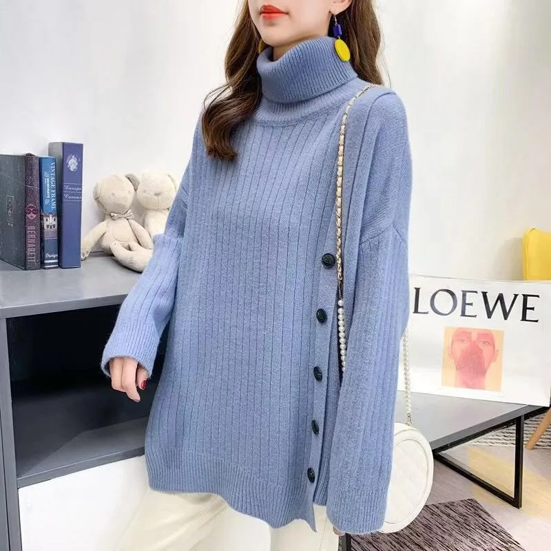 2024 autumn and winter Korean version of the new fashion turtleneck sweater women's loose lazy long irregular sweater top