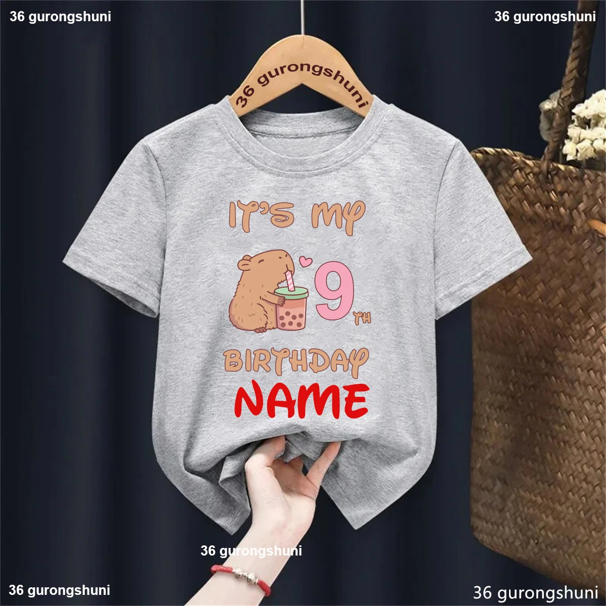 It'S My 9th Birthday Graphic Printed Tshirt For Girls/Boys Custom Name Capybare Love Boba Funny Kids Clothes Solid T-Shirt Tops view 4