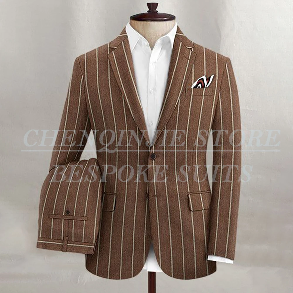

High Quality Stripe Men's Suits Luxury Slim Fit Single Breasted Notch Lapel Blazer Customzied 2 Piece Jacket Pants Outfits