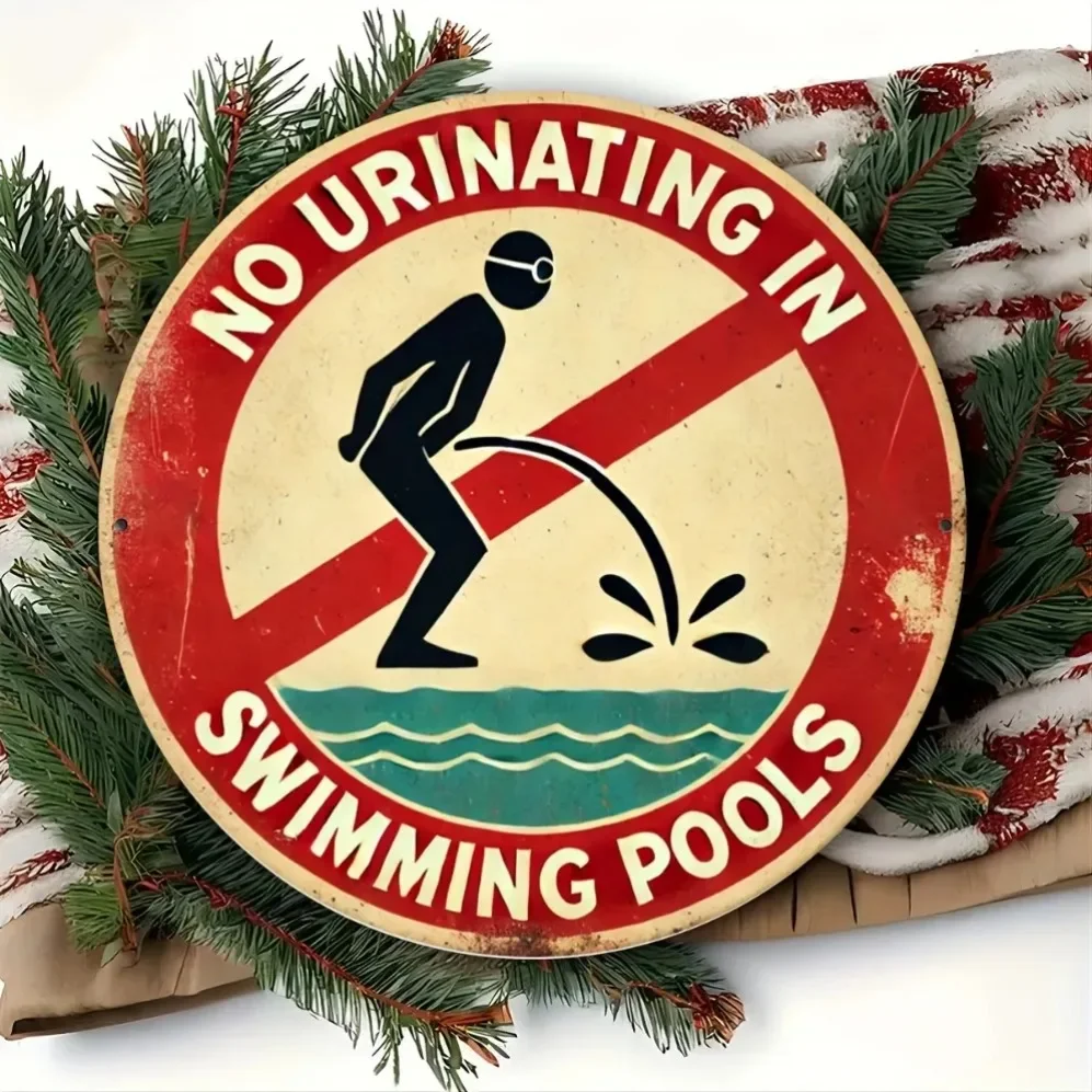 Vintage 'No Urinating in Swimming Pools' Metal Sign – Retro Iron Wall Art with Bold Red Borders | Poolside Decoration