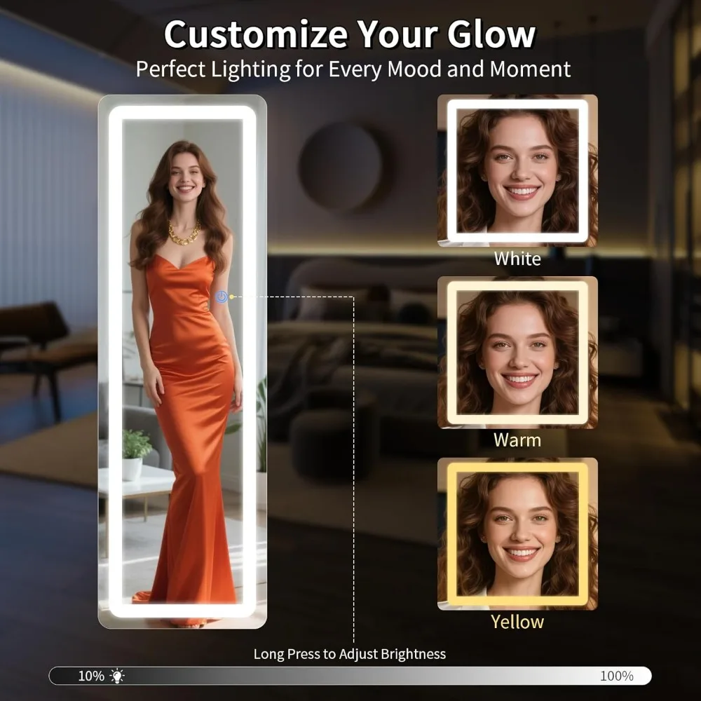 Miroir de sol éclairé sur toute la longueur avec support, miroir corporel éclairé 63x20 pour la maison et la mode