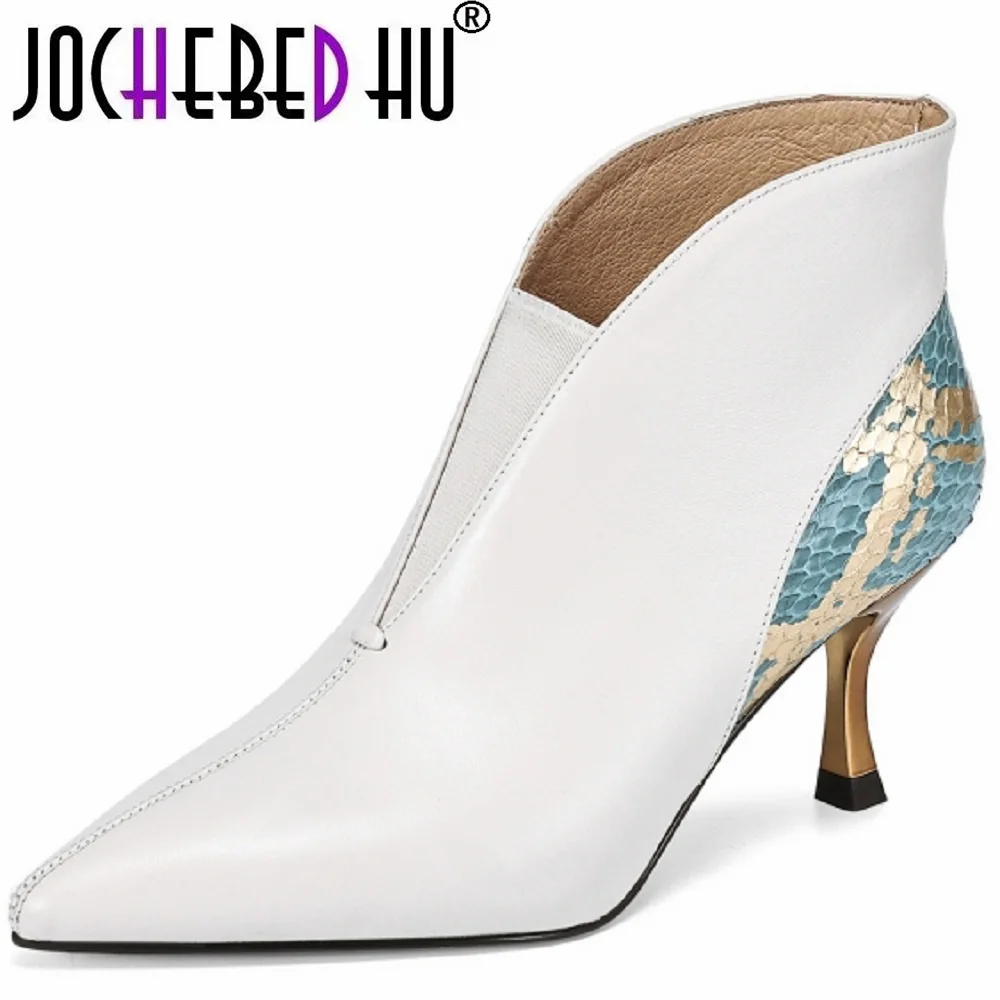 【JOCHEBED HU】New Handmade Brand Genuine Leather V Cut Designer Ladies Pointed Toe Shoes Elegant Dress Shoes For Female 34-40