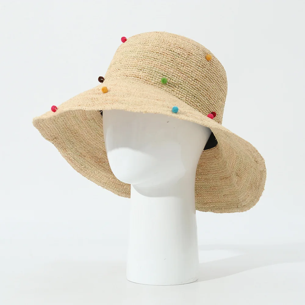 Colorful Beaded Rafia Fisherman Hat, Wide Brim Straw Sun Cap, Slim Face Fashion Sun Protection Hat for Photo Shoot