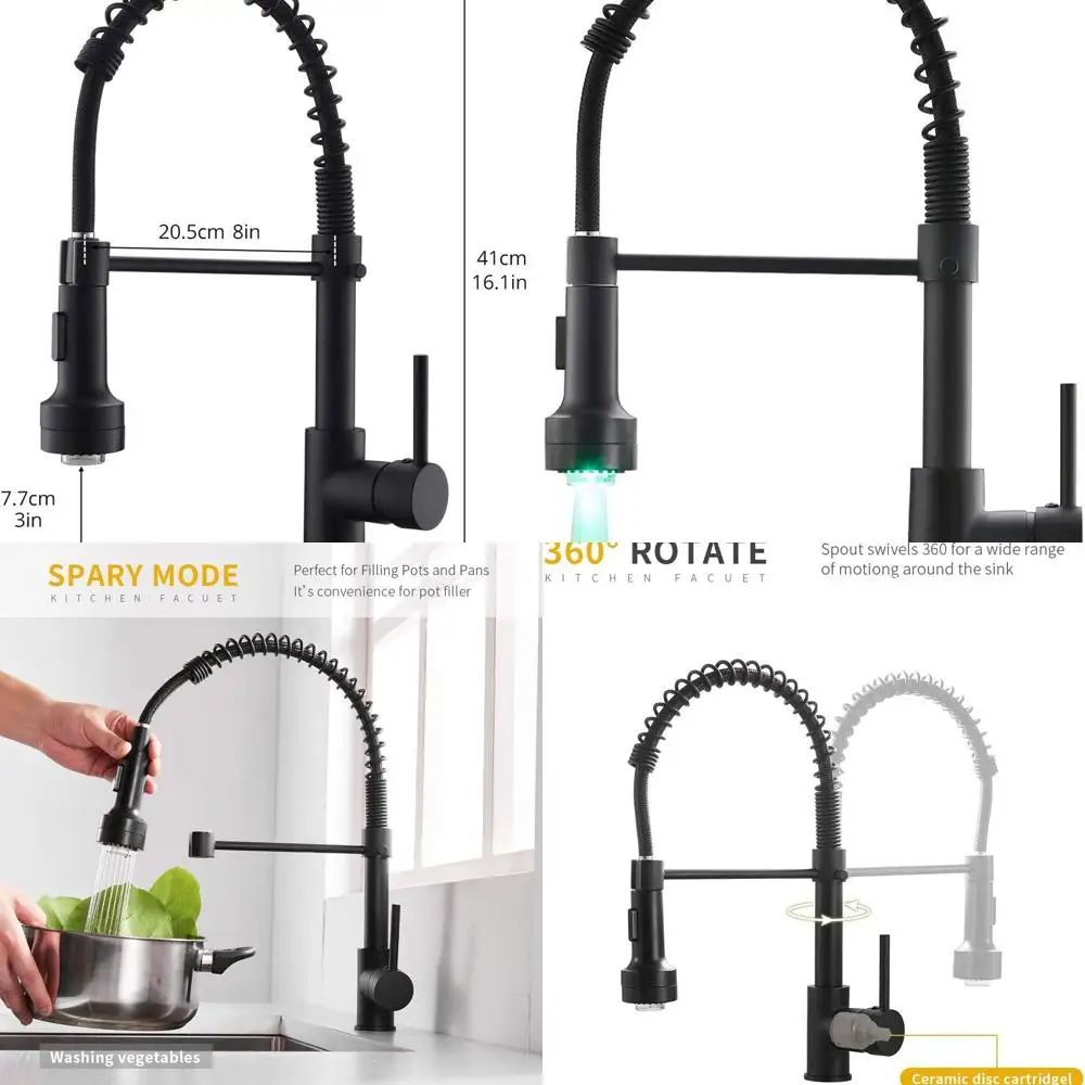 

Modern Matte Black Pull-Down Spray Kitchen Faucet with LED Light and Single Handle