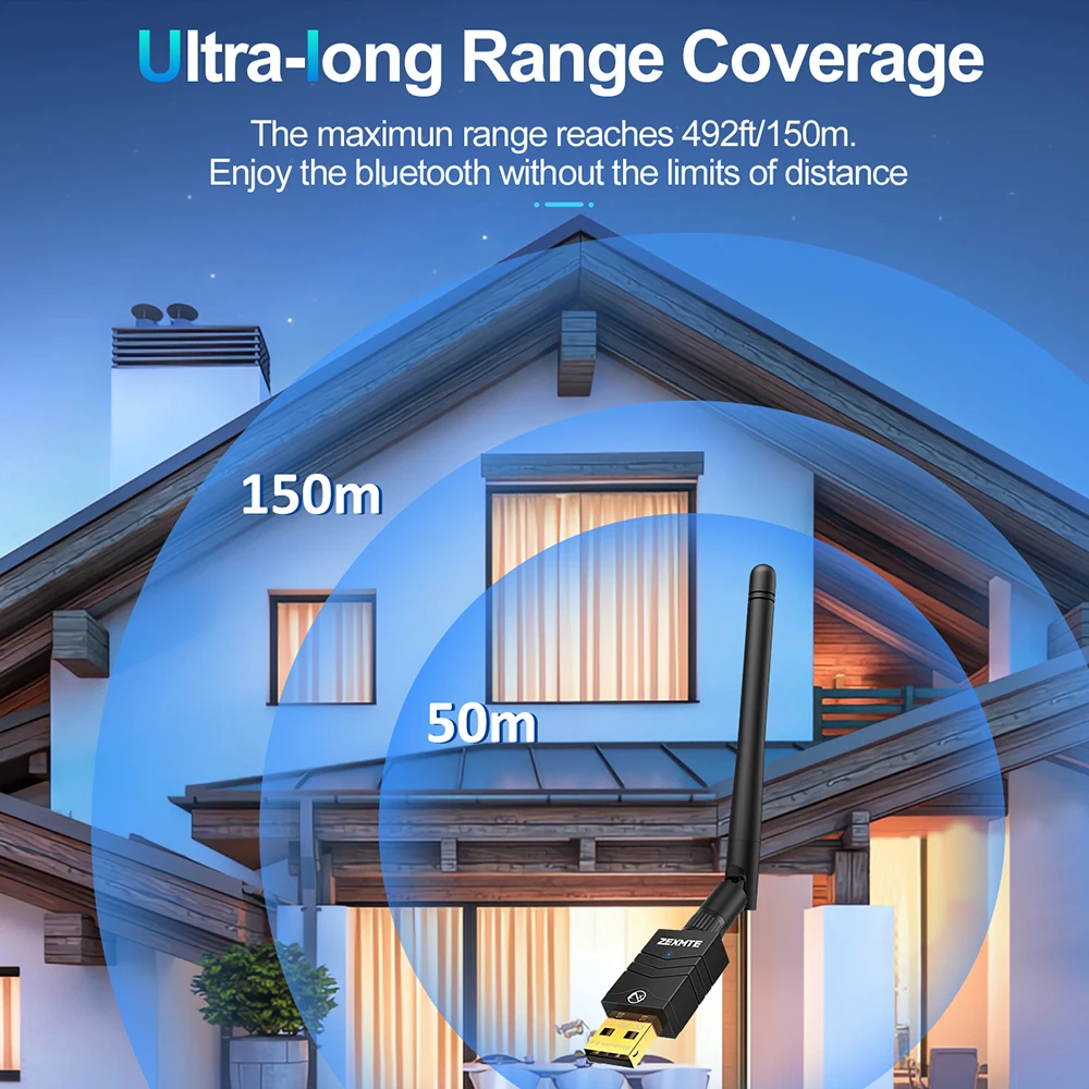 5.4 USB Bluetooth Adapter 492FT / 150M  Long Range Wireless Bluetooth Receiver Plug &Play Adapter for PC Windows 11/10/8.1/7