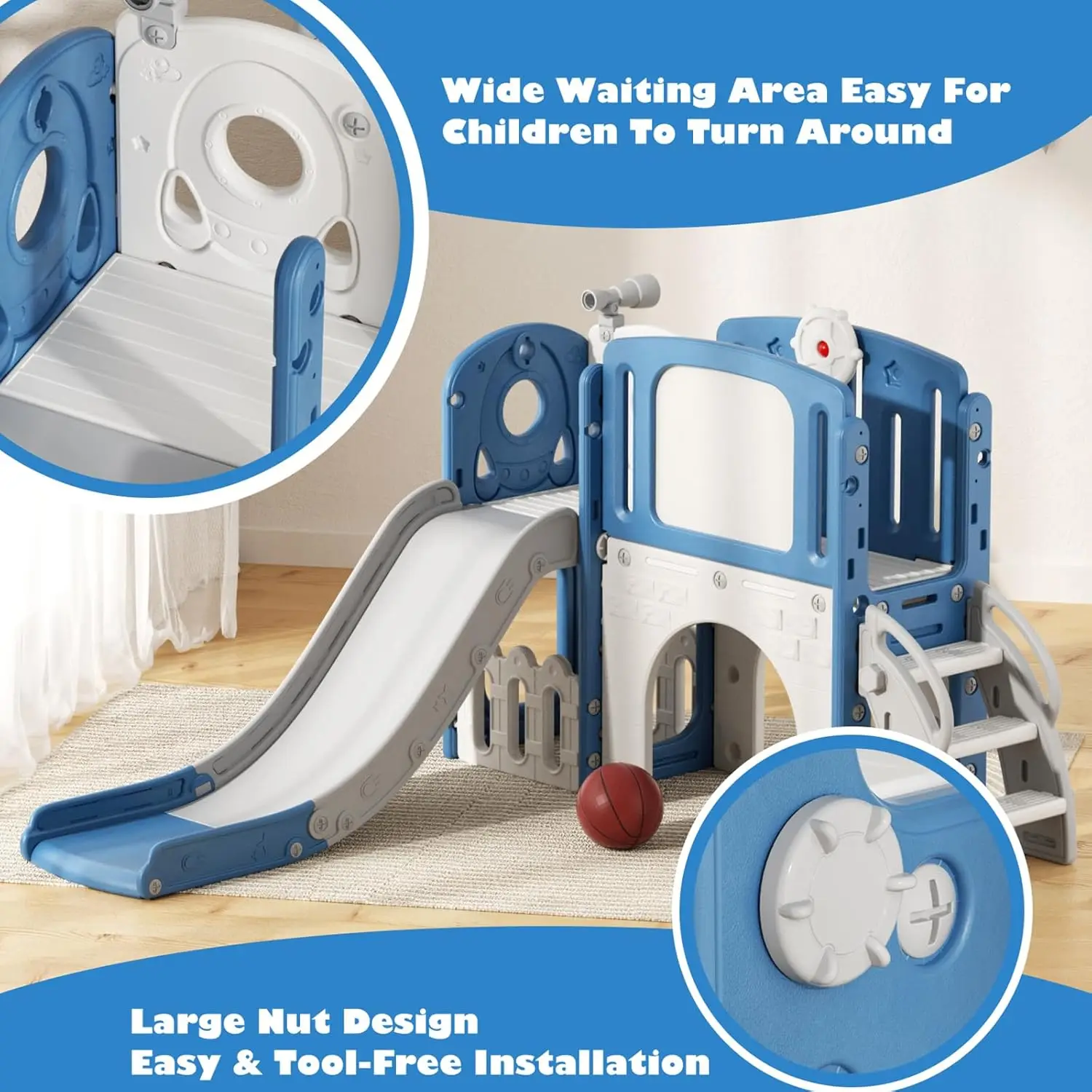 Toddler Slide 9 in 1 Outdoor Playset Playground Indoor Kids Baby Slides for Toddlers Age 1-3 with Climber Basketball Hoop Telesc