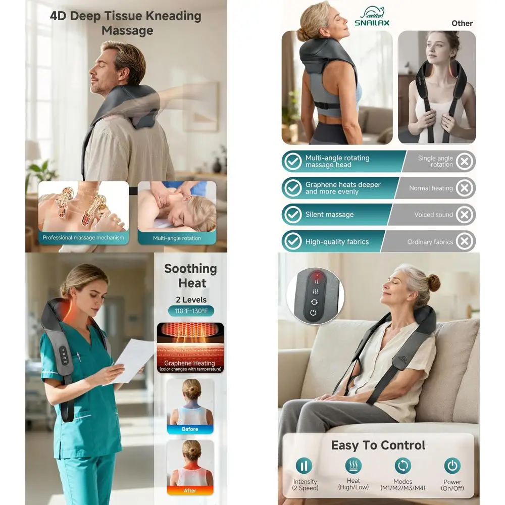 جهاز تدليك شياتسو لاسلكي للرقبة والأكتاف مع تخفيف الأنسجة العميقة والحرارة وبكرات 4D - هدية مثالية للآباء
