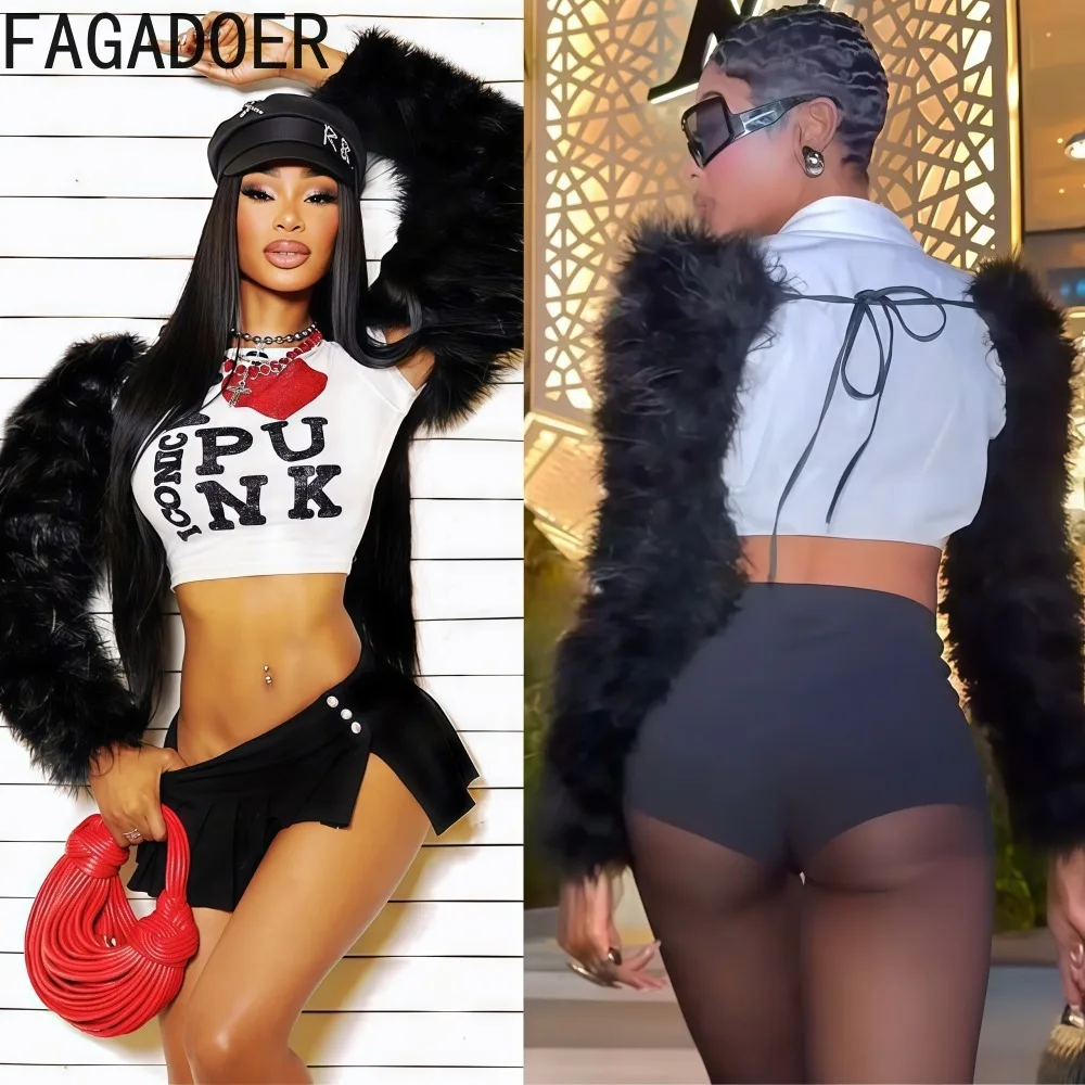 

FAGADOER Sexy Fur Patchwork T-shirt Women Solid Color Long Sleeves Bandage Crop Top Female Streetwear Clothing 2025 Autumn New