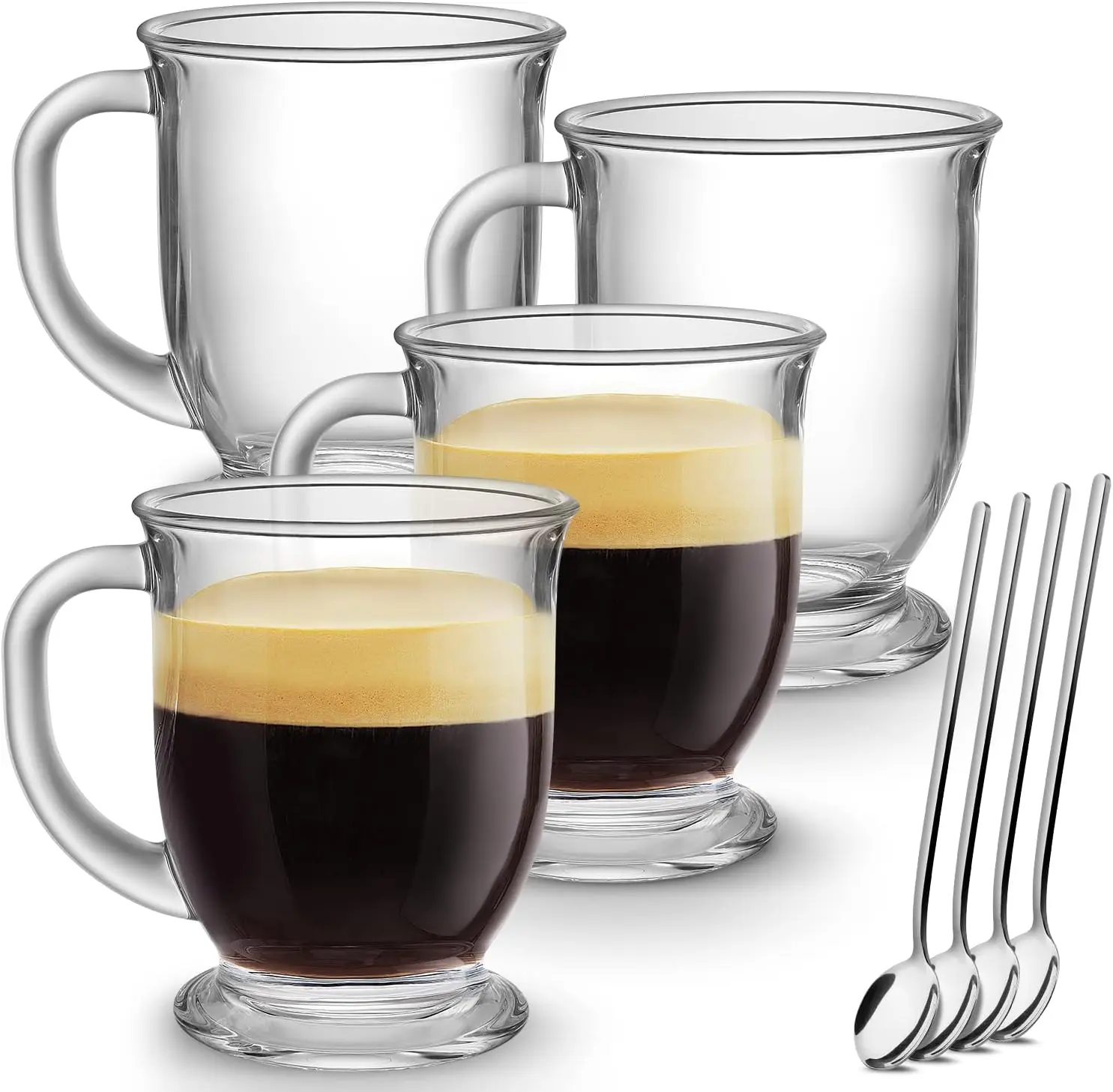 

Set of 4 Clear Glass Coffee Mugs, 15 Oz with Handles for Hot Beverages, Tea, Cappuccino