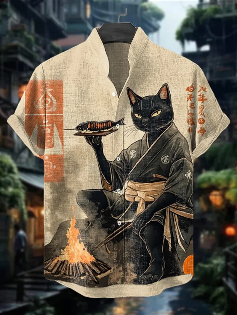 

New men's 3D note printed retro animal pattern casual short sleeved shirt fashionable linen top clothing