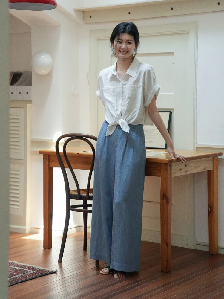 High Waist Straight Leg Casual Pants Women's Cooling Sensation Loose Fit Long Trousers Lenzing Lyocell Linen Wide Leg Pants