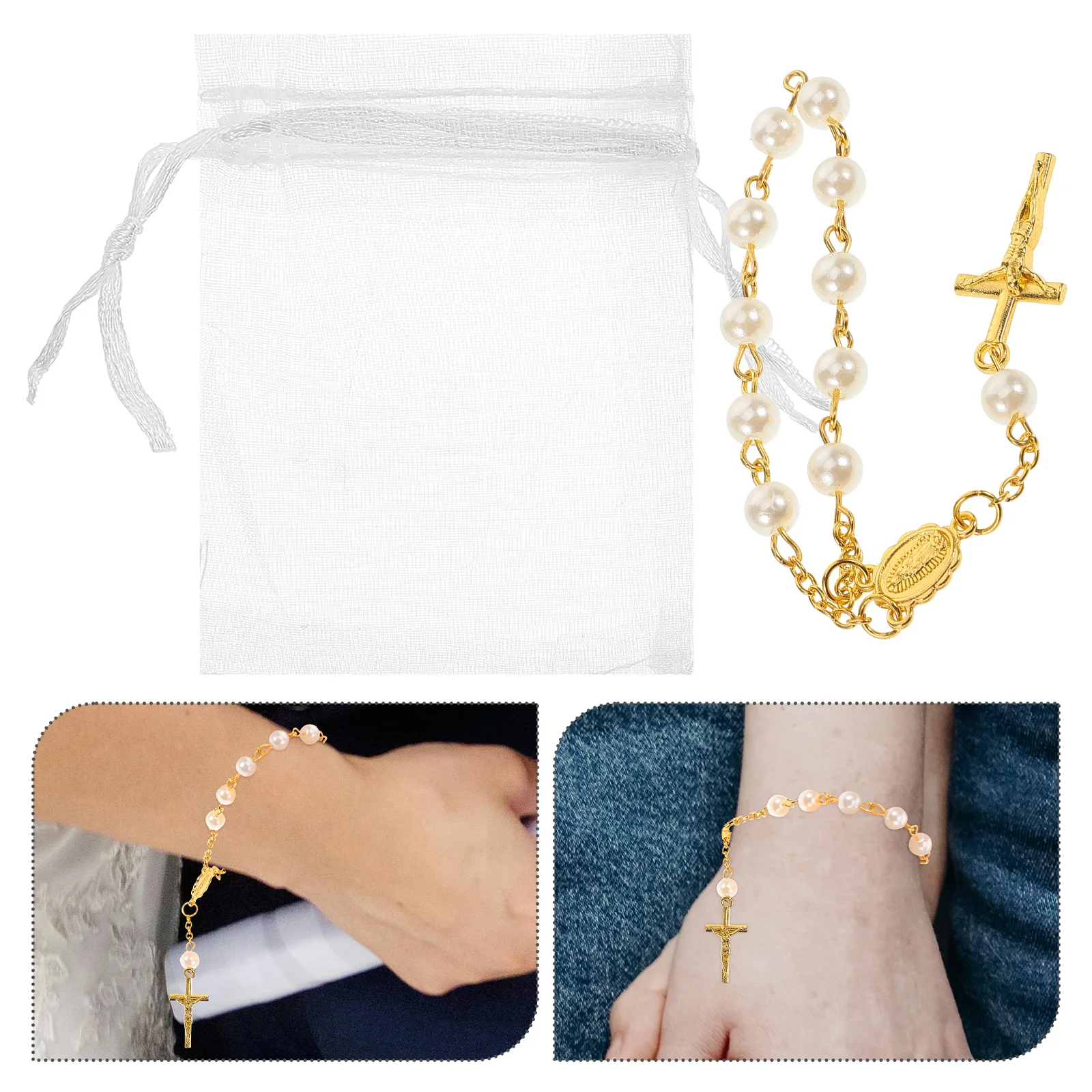 

Mini Rosary Bracelet Pearl Cross Catholic Religious Prayer Chaplet Small Crystal Bracelet For Baptism Wedding Party Favors