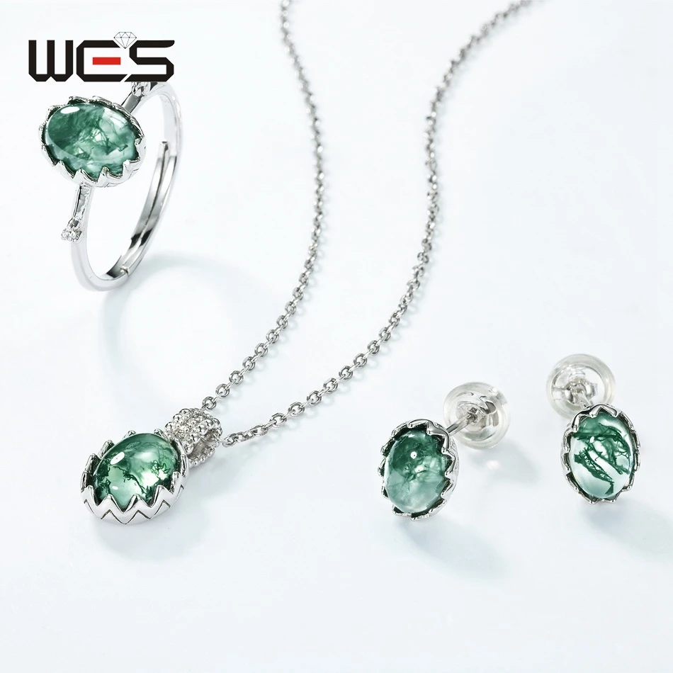 WES Unique 925 Sterling Silver Natural Gemstone Moss Agate Jewelry Set for Woman Egg Shaped Classic Gifts Luxury Jewelry