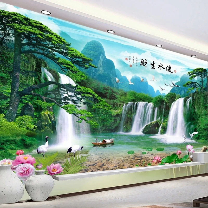 Pine Tree Pattern Wallpaper Chinese Style Traditional Landscape Painting Wall Art Decor Personalized Photo Mural Waterfall Crane