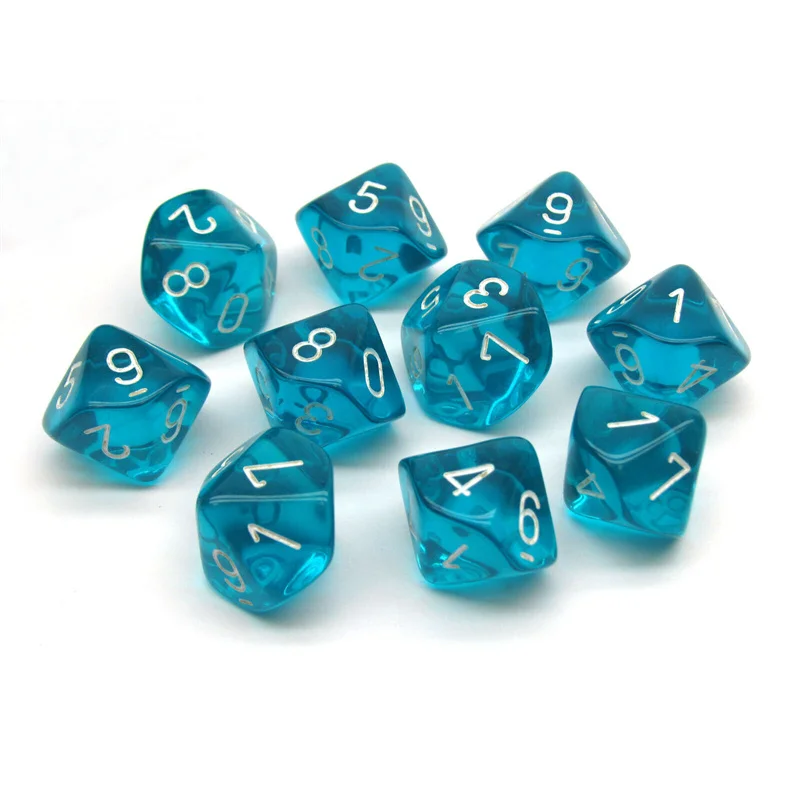 Dados transparentes coloridos para jogos de mesa, 10 dados de face, DND D10, 0-9, 50pcs por lote