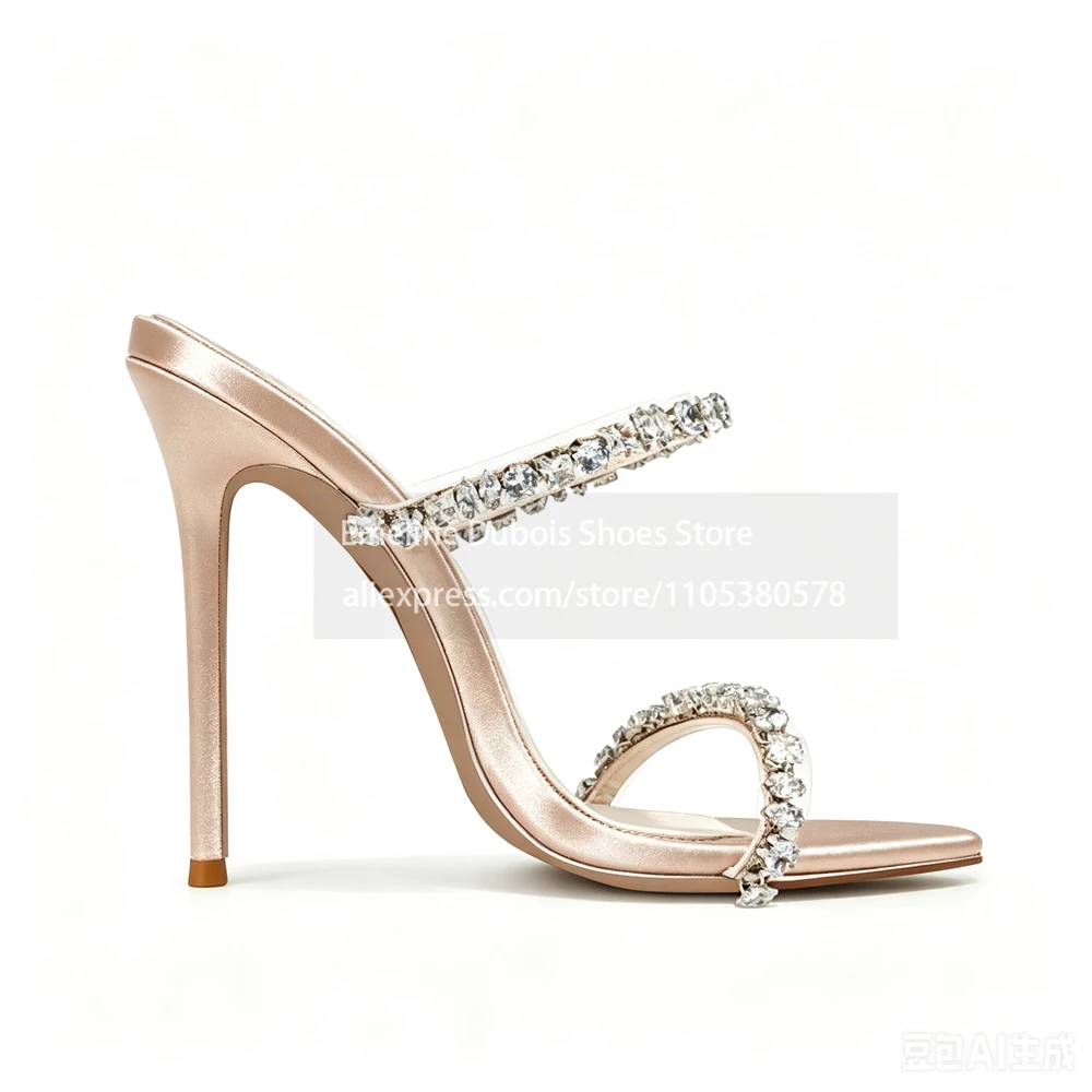 Pink Satin Rhinestone Double Strap Pointed Toe Stiletto Sandals Slip on Elegant Womens High Heels Summer Wedding Party Plus Size