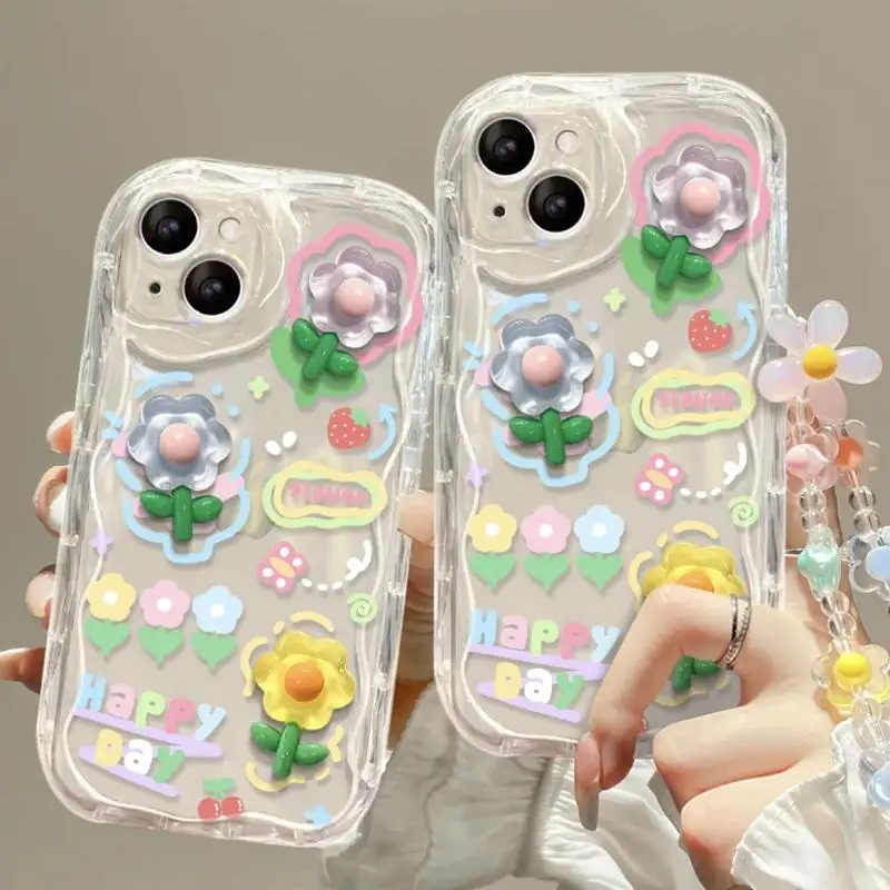 3D Rabbit Flower Hang Wrist Chain Strap Phone Case for IPhone 16 15 12 11 Pro Max 14 Plus 13 Mini X XS XR 7 8 Plus SE Cover