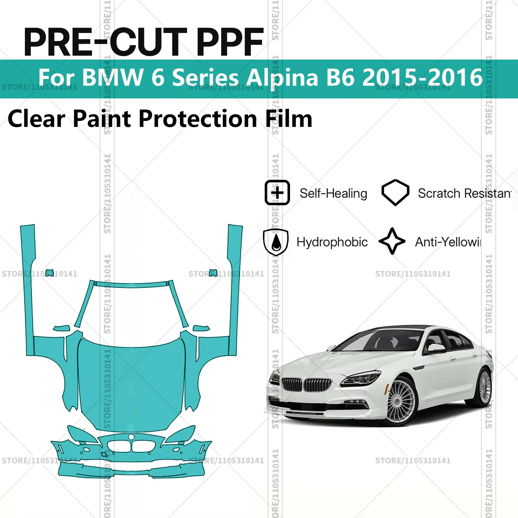 

Для BMW 6 серии Alpina B6 2015-2016: Предварительно вырезанная прозрачная защитная пленка PPF для автомобиля, комплект для передней части и порогов