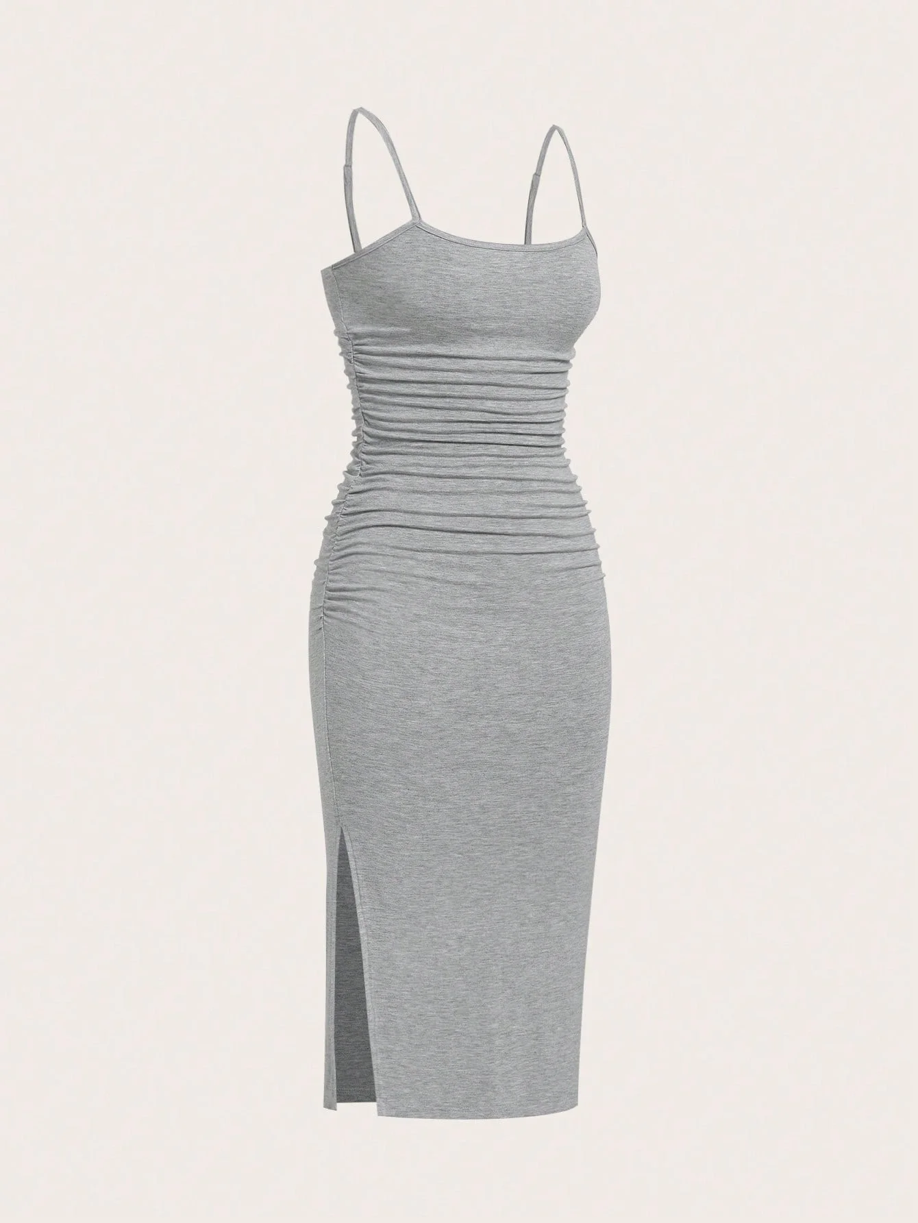 Damen Spaghettiträger-Midikleid mit gerafften Seiten, figurbetontem Schnitt und Schlitz, Cami-Bleistift-Midikleid