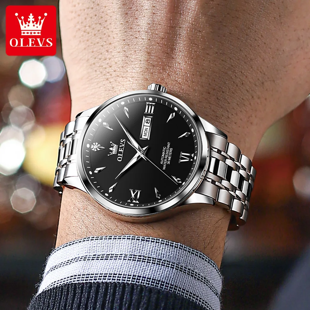 OLEVS Mechanical Watch for Men Luxury Stainless Steel Week Date Dial Waterproof HD Luminous Fashion Business Men\'s Wristwatches