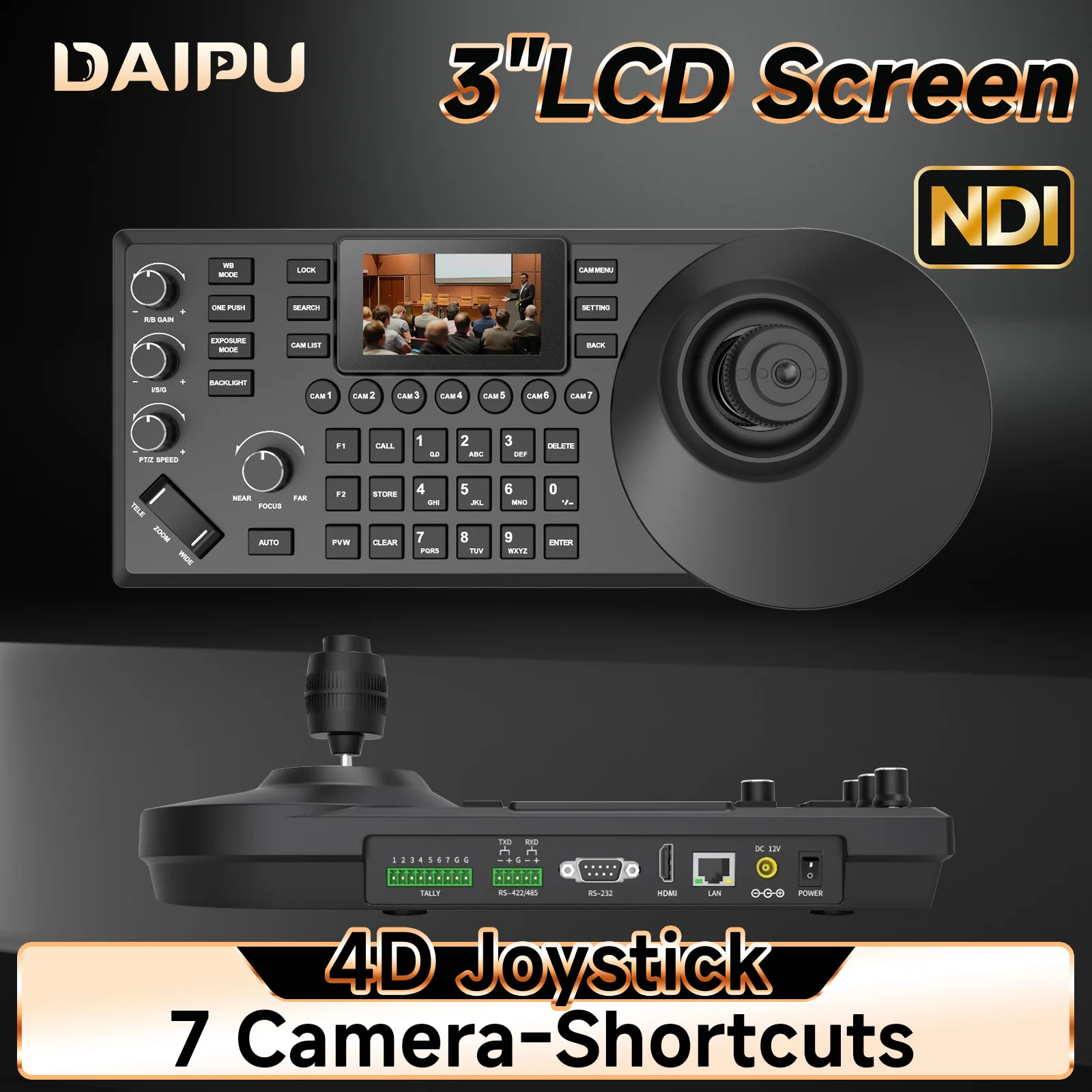 

DAIPU NDI PTZ Camera Controller 3'' LCD-Screen 4D Joystick Control Keyboard for Church Live Streaming Video Conference Education