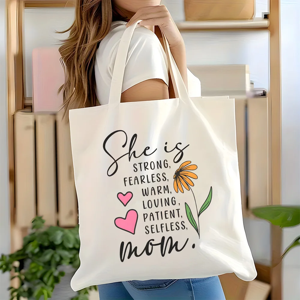 

1pc, "Strong Mom" Mother'S Day Canvas Tote Bag - Large Capacity, Durable Canvas Shoulder Bag, Reusable Grocery Bags, Perfect for