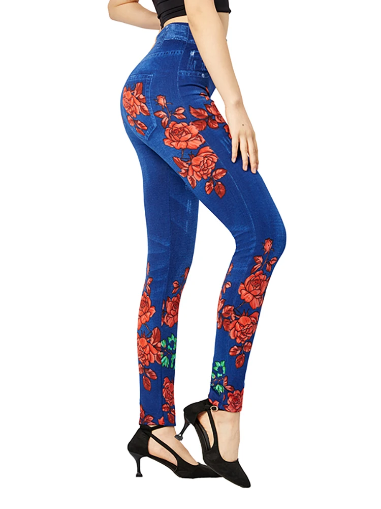 VISNXGI-pantalones de mezclilla falsos para mujer, Jeggings sexys con estampado Floral en la parte delantera y trasera, pantalones vaqueros de