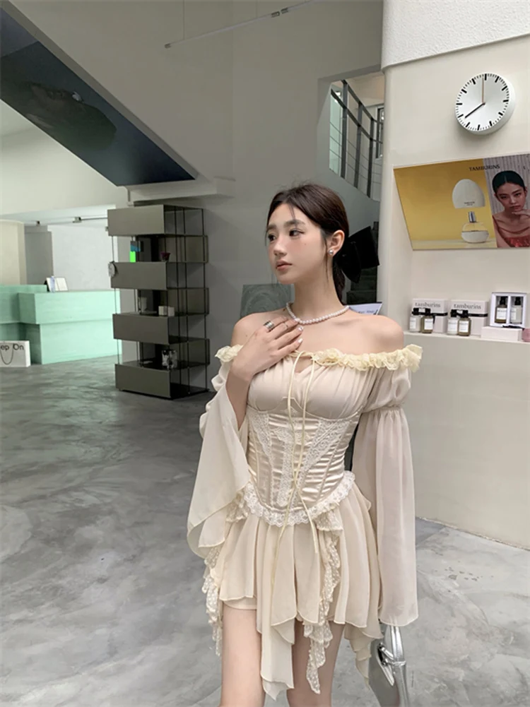 Roriri doce fora do ombro uma peça mini vestido feminino elegante sexy magro roupas de festa irregular coreano chique espartilho vestido de fadas