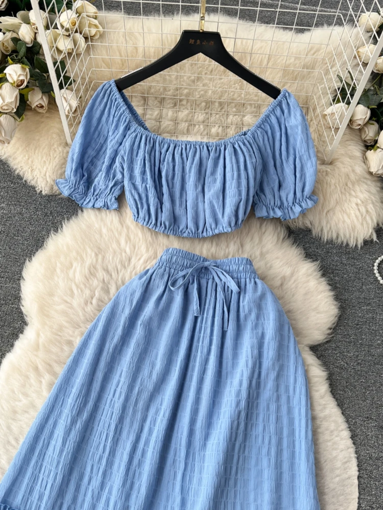 Blue Beach Two-piece Set Women Short Sleeve Sexy Off The Shoulder Crop Top High Waisted A-line Long Skirt Suits Ladies Outfits