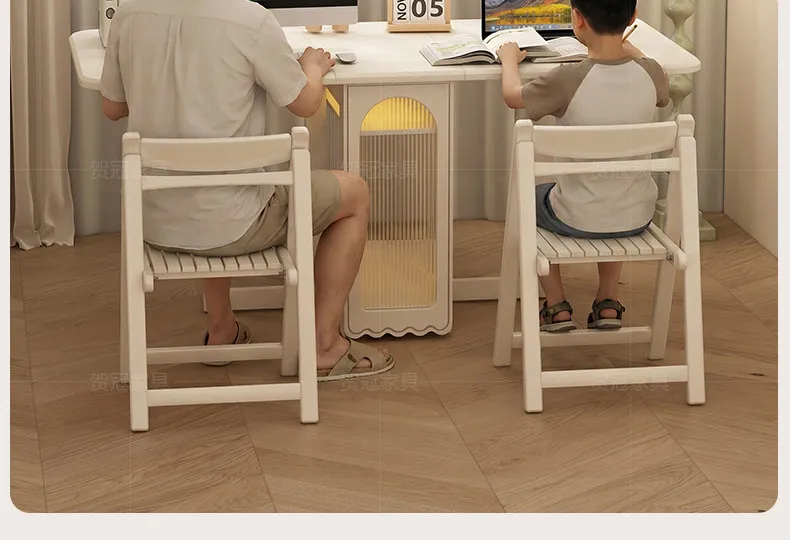 White solid wood folding dining table integrated dining side cabinet