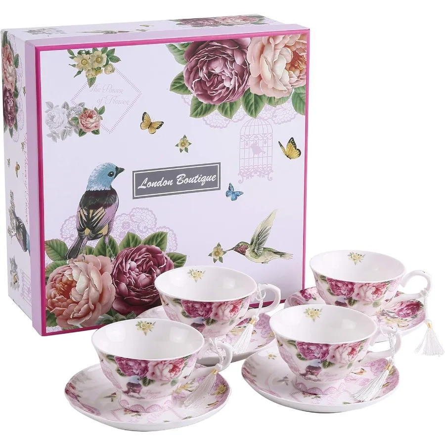 

Coffee Tea Cup and Saucer Set 4 Shabby Chic Vintage Porcelain Bird Butterfly Flora Gift Box 7.5OZ Bird Rose Butterfly