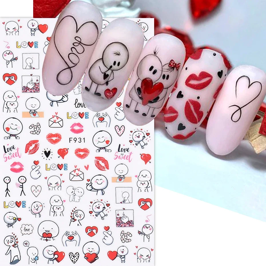 Dia dos namorados unhas arte design sexy vermelho amor bonito dos desenhos animados carta decalques 3d coração auto adesivo slider diy manicure decoração folhas