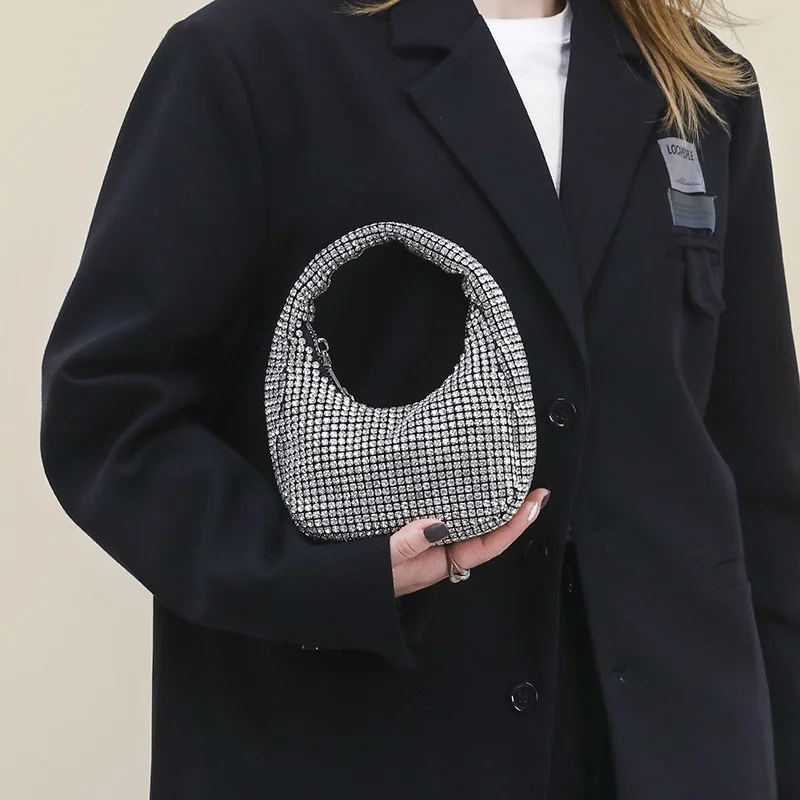 Women's Mini Crystal Rhinestone Mesh Hobo Bag Sparkling Full Diamond Zipper Evening Party Clutch Handheld Shoulder Bag
