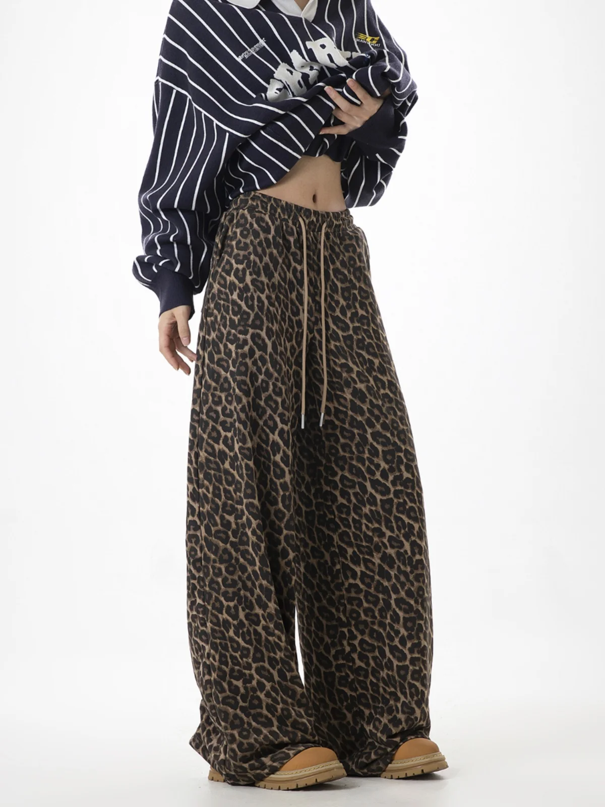 ICH MODE American Leopard Print Loose Wide Leg Straight Leg Pants Lazy Style Casual Trousers for Women Autumn New Arrival