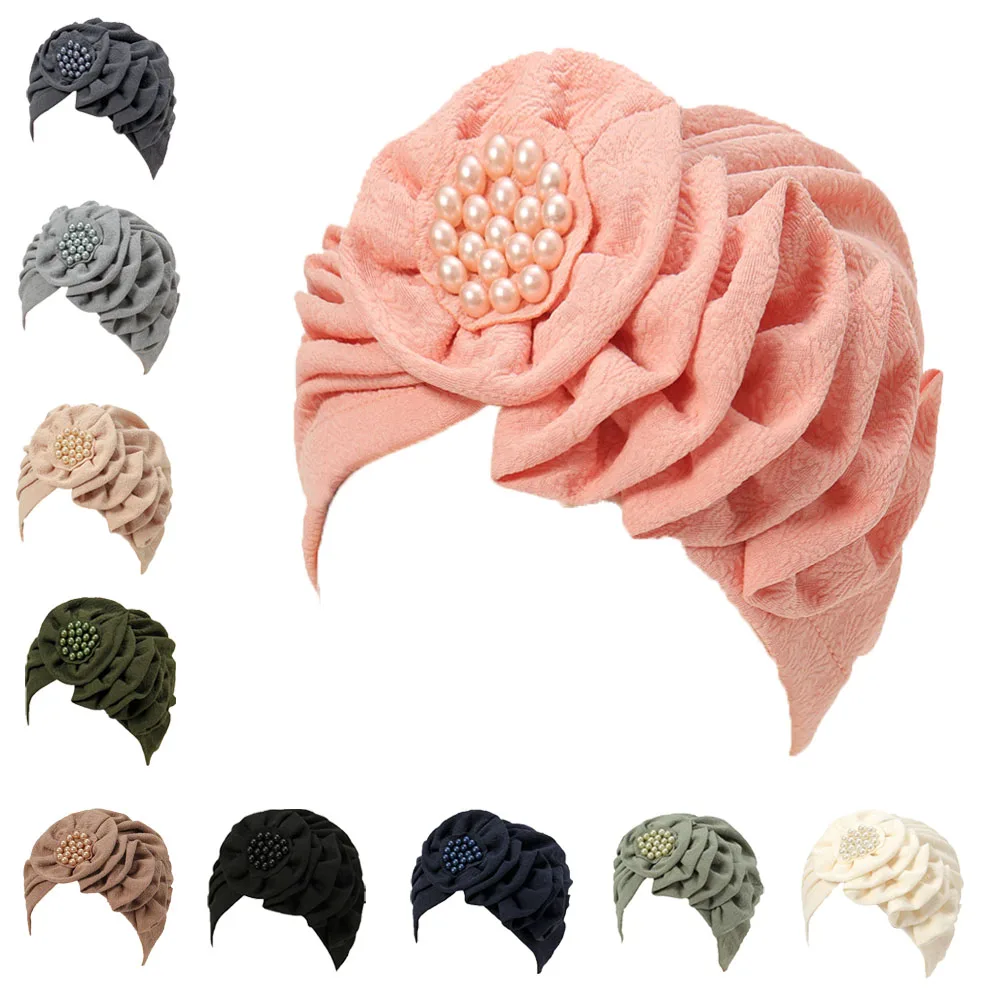 

2024 Solid Pearl Flowers Ruffle Muslim Turban Scarf Women Islamic Inner Hijab Caps Arab Wrap Head Femme Musulman Turbante Mujer