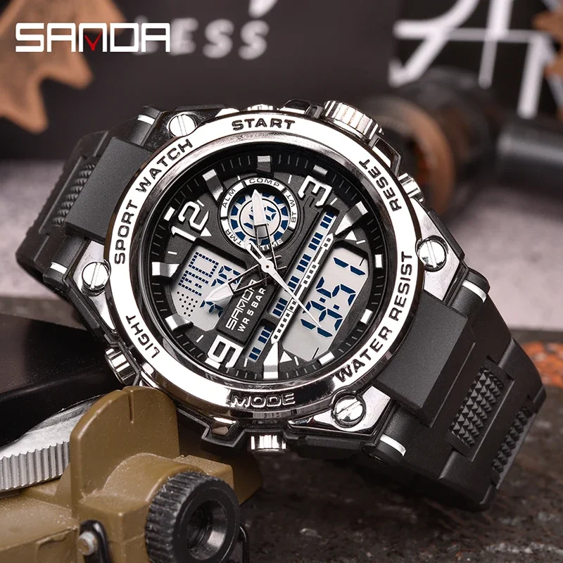 SANDA Digital LED Watch Men Military Sport Quartz Wristwatch Top Brand Luxury Stopwatch Waterproof Male Electronic Clock 6024